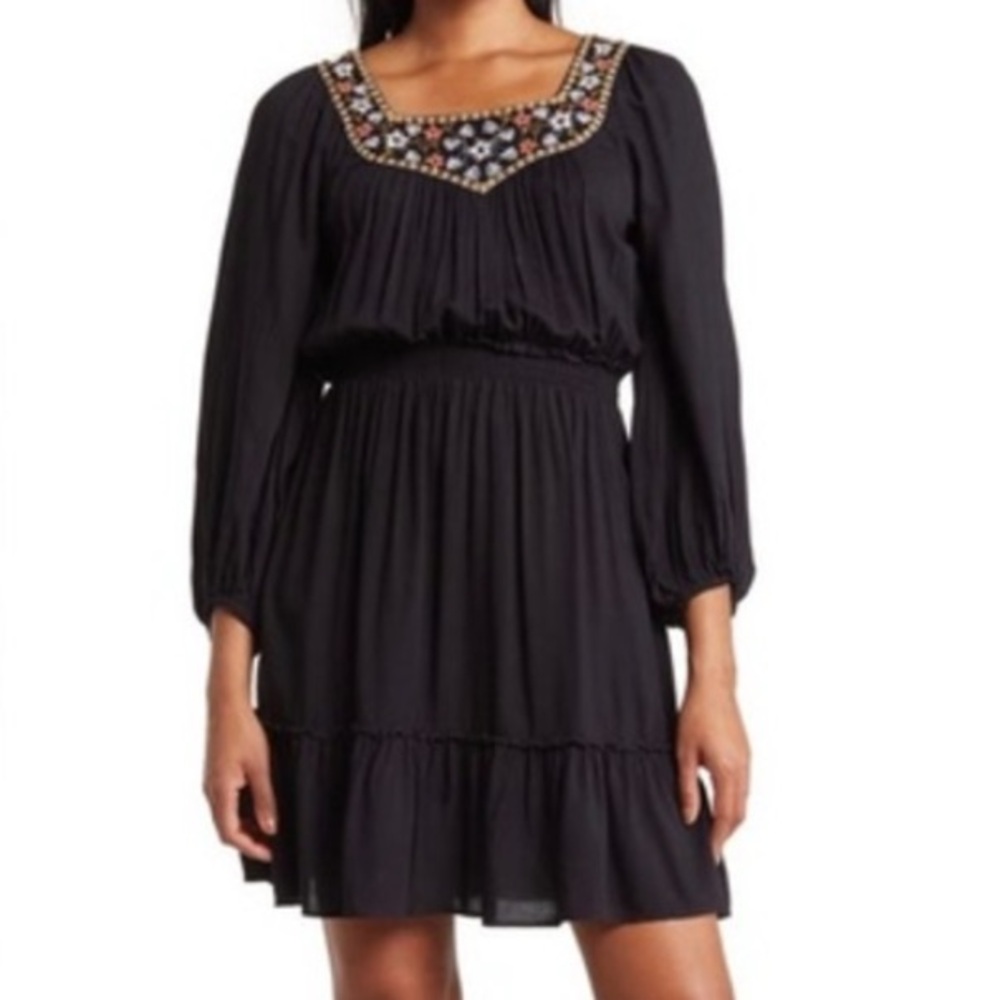 🟠NWT MAX STUDIO Floral Embroidered Mini Dress in Black Starburst LARGE